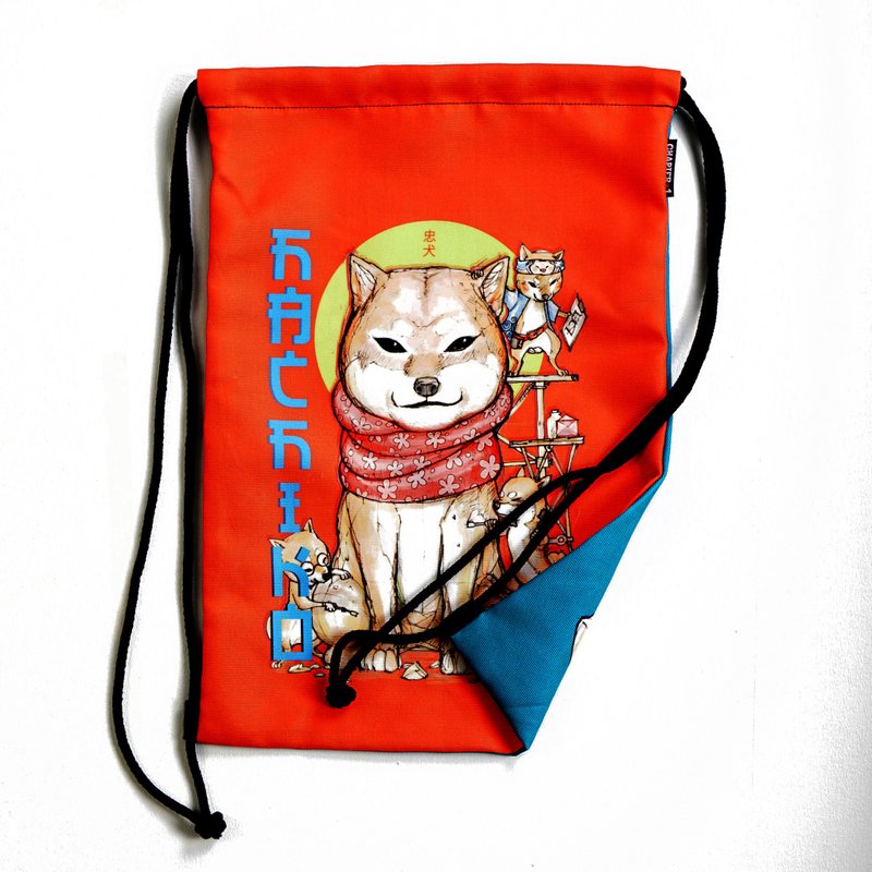 Hachi-ko / Maineiki Neko/ Back-Front drawstring bag Canvas Reduce global warming - 束口袋双肩包 - 其他材质 白色