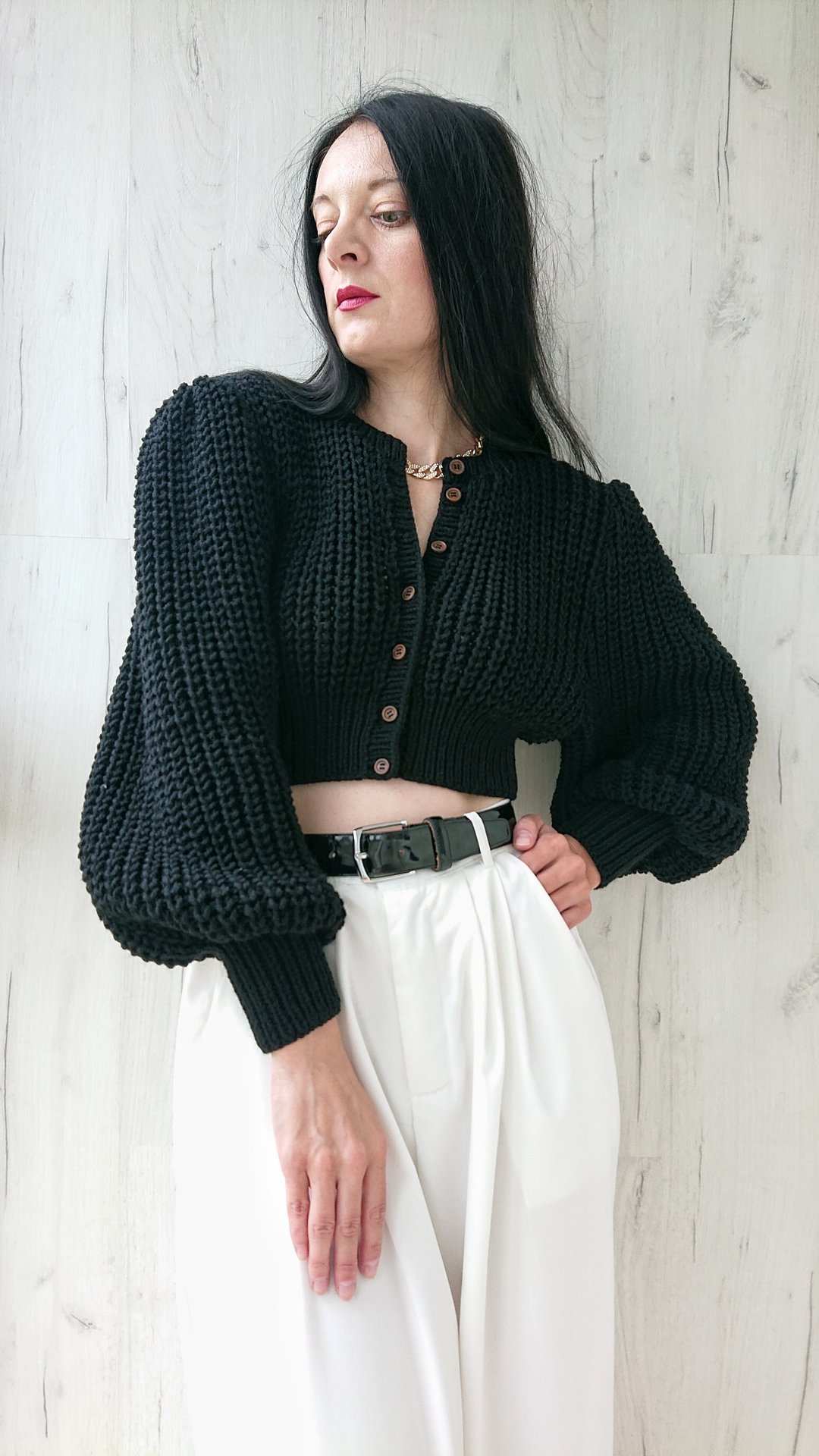 Puff long sleeve blouse Cropped knit cardigan Black sweater top Knitted jacket - 女装针织衫/毛衣 - 羊毛 