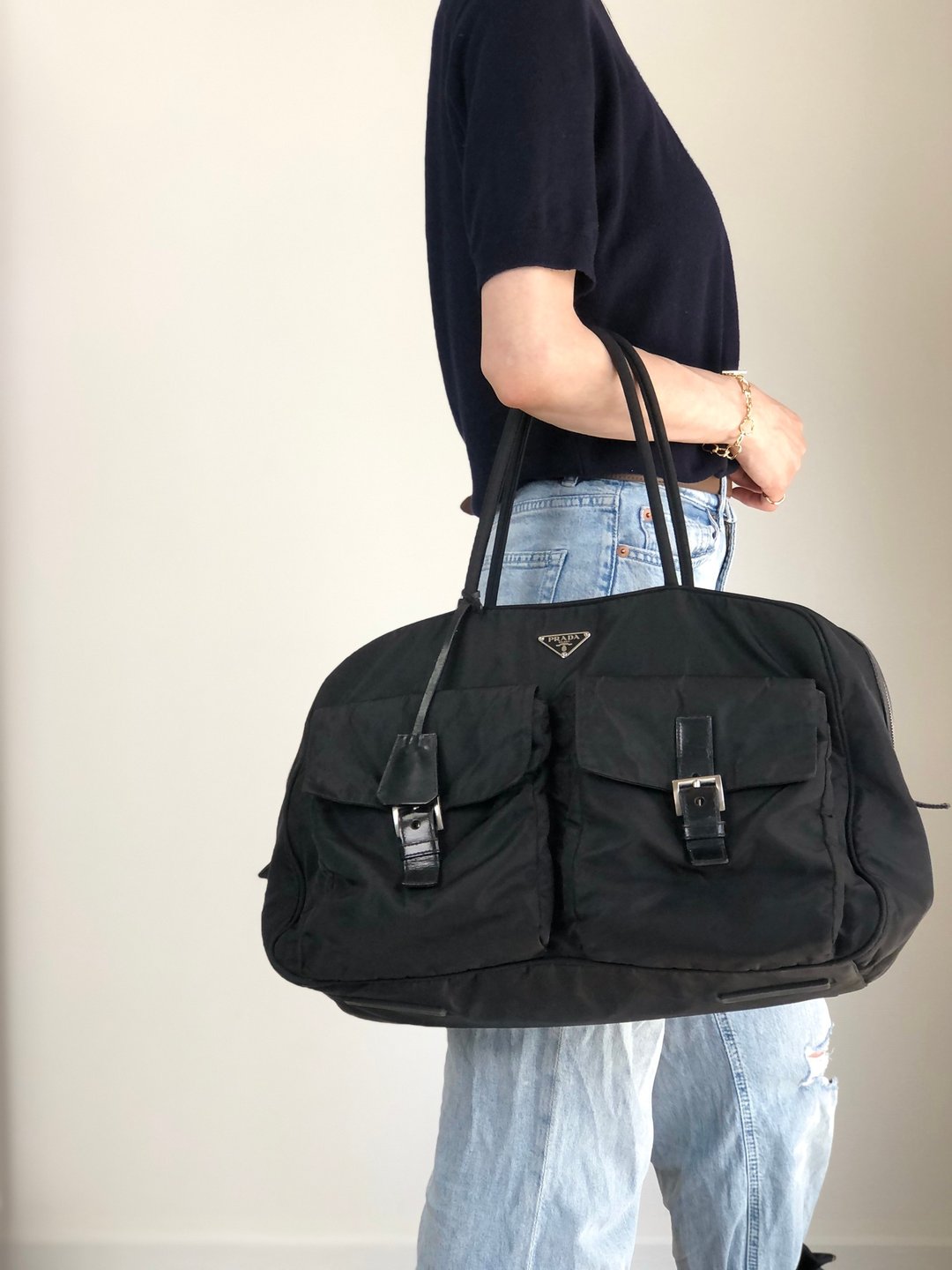 【日本直送名牌中古包】PRADA 手提包 黑色 经典三角标志 尼龙 双口袋 波士顿包 vintage 84gcbc - 手提包/手提袋 - 尼龙 黑色