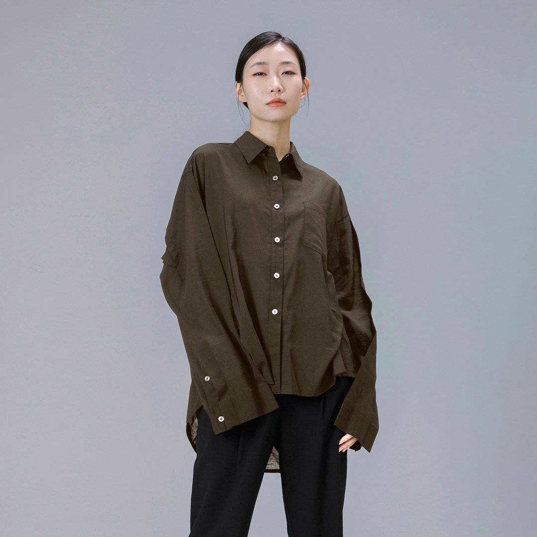 宽袖大衬衫 - 女装衬衫 - 棉．麻 咖啡色