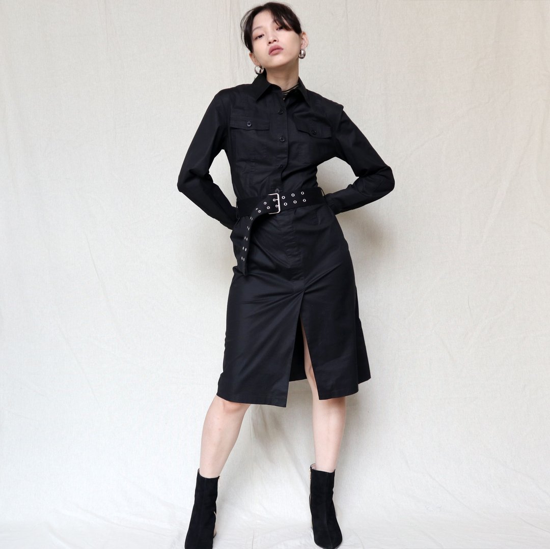 南瓜Vintage。DKNY 黑色 系带 长袖 开衩 洋装 - 洋装/连衣裙 - 棉．麻 黑色