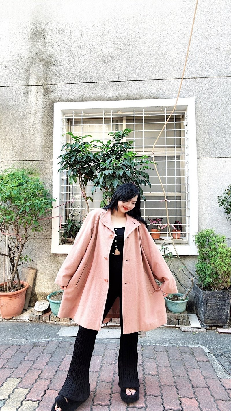 特殊蜜桃灰粉色简约立领排扣 古着羊毛A字伞状长大衣外套 - 女装休闲/机能外套 - 羊毛 粉红色