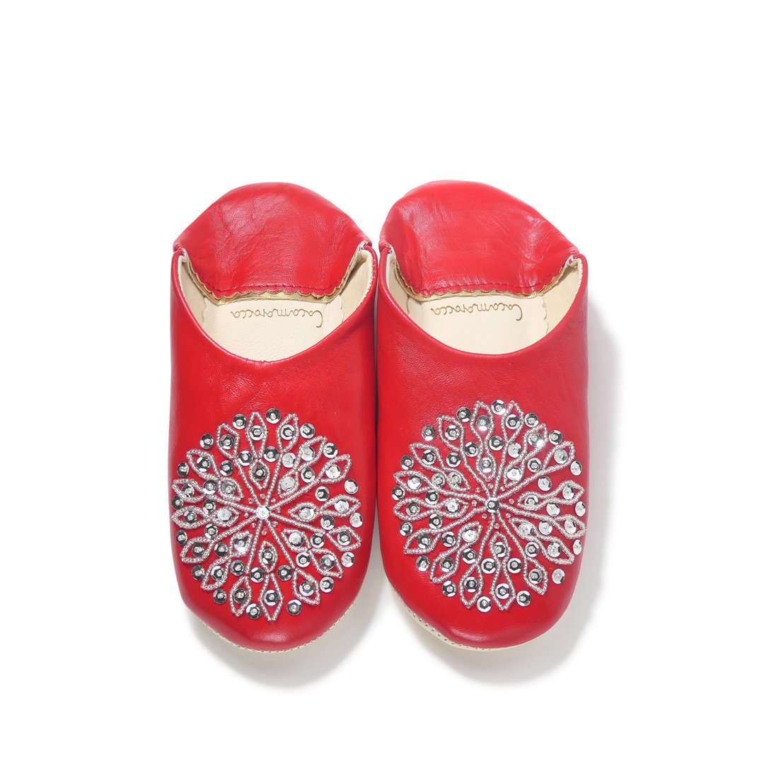 Red / silver / moroccan Leather babouche Slippers / High quality odourless - 室内拖鞋 - 真皮 红色