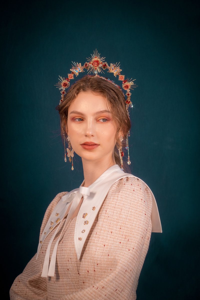 继承者贵族双层立体后冠连可拆式垂链 - 发饰 - 粘土 红色