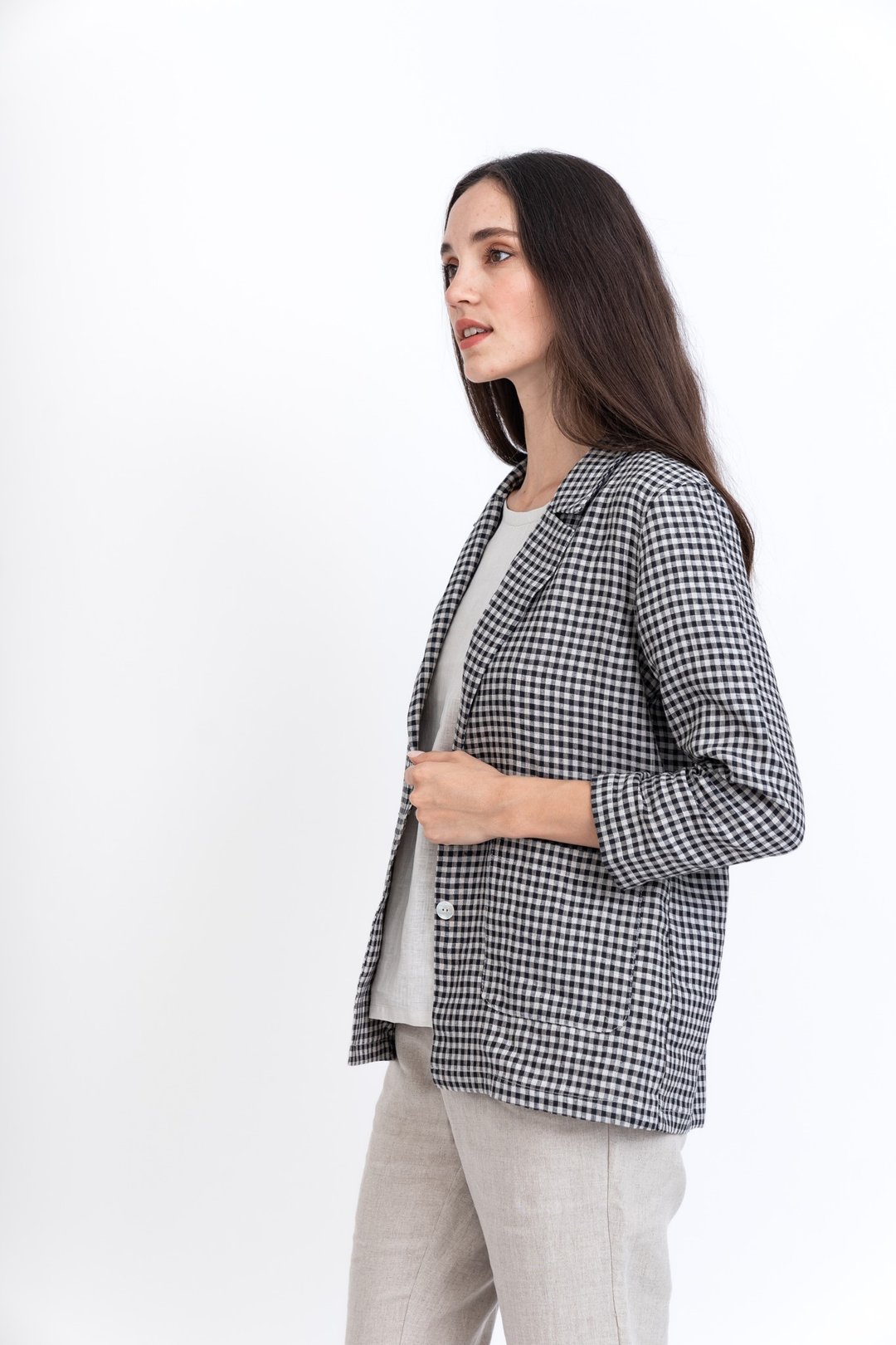 Long Sleeve Blazer  Brown check pattern Linen - 女装衬衫 - 棉．麻 咖啡色