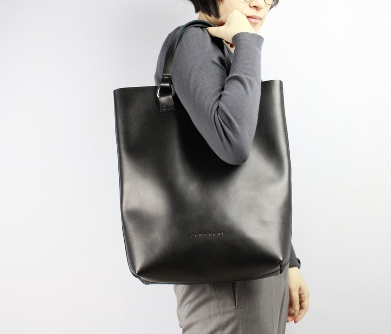 Zemoneni 全手作 限量 黑色 超大 手拎包 肩背包 电脑包 - 手拿包 - 真皮 黑色