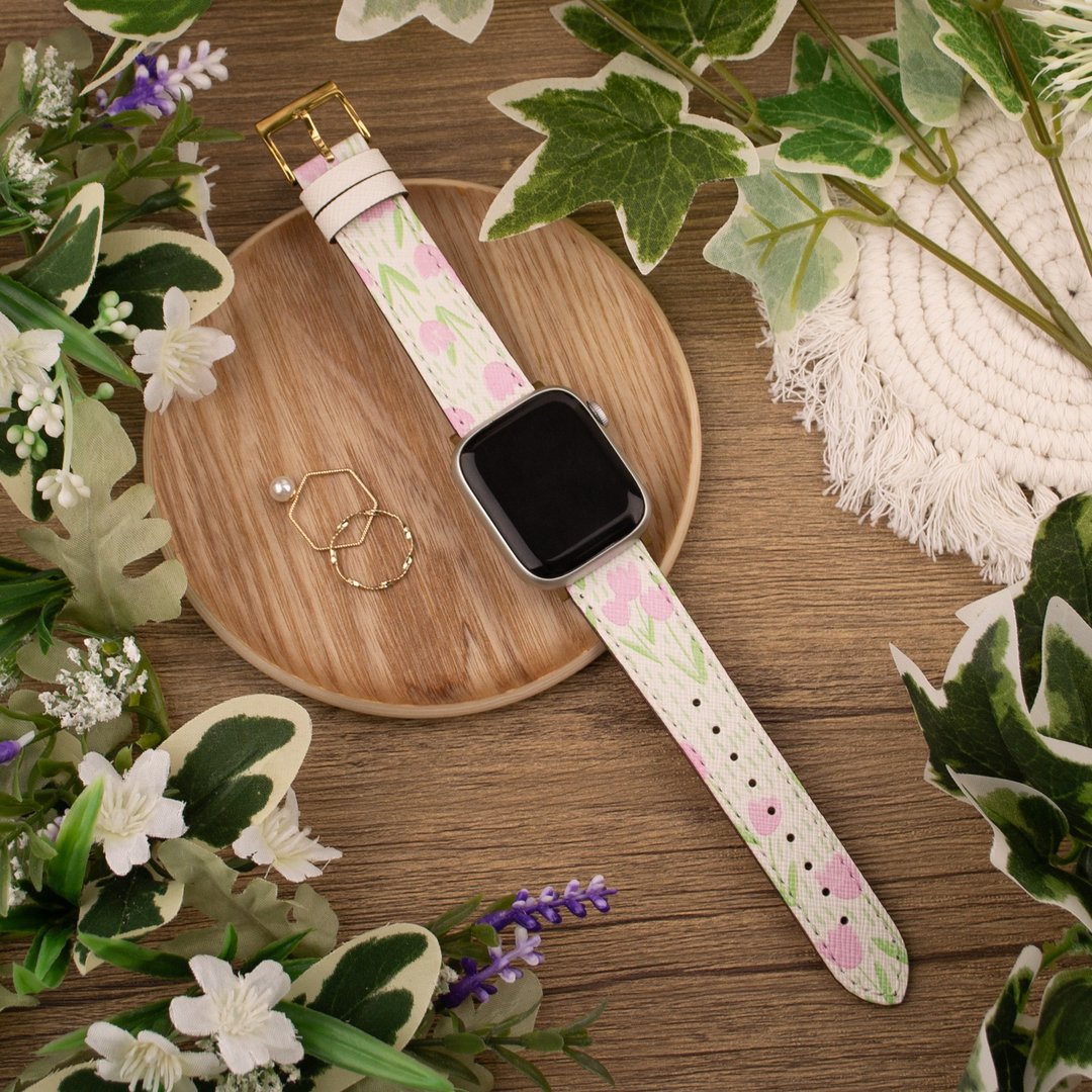 粉红色郁金香印花白色苹果表带Apple Watch 4/5/6/7/8/9/SE/Ultra - 表带 - 真皮 白色