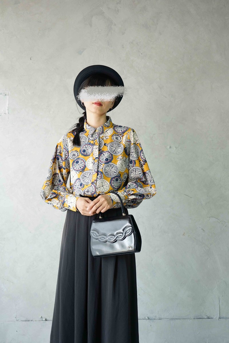 寻宝古着-时间的诗时钟手绘印花黄色复古澎袖衬衫 - 女装衬衫 - 聚酯纤维 橘色