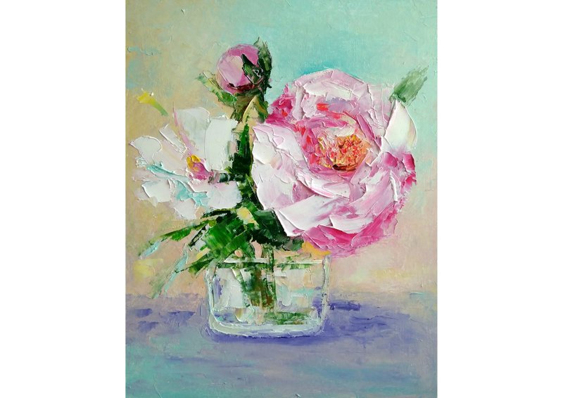 Floral Bouquet Original Painting, Flower Still Life, Roses Wall Art Gift for Her - 海报/装饰画/版画 - 其他材质 多色