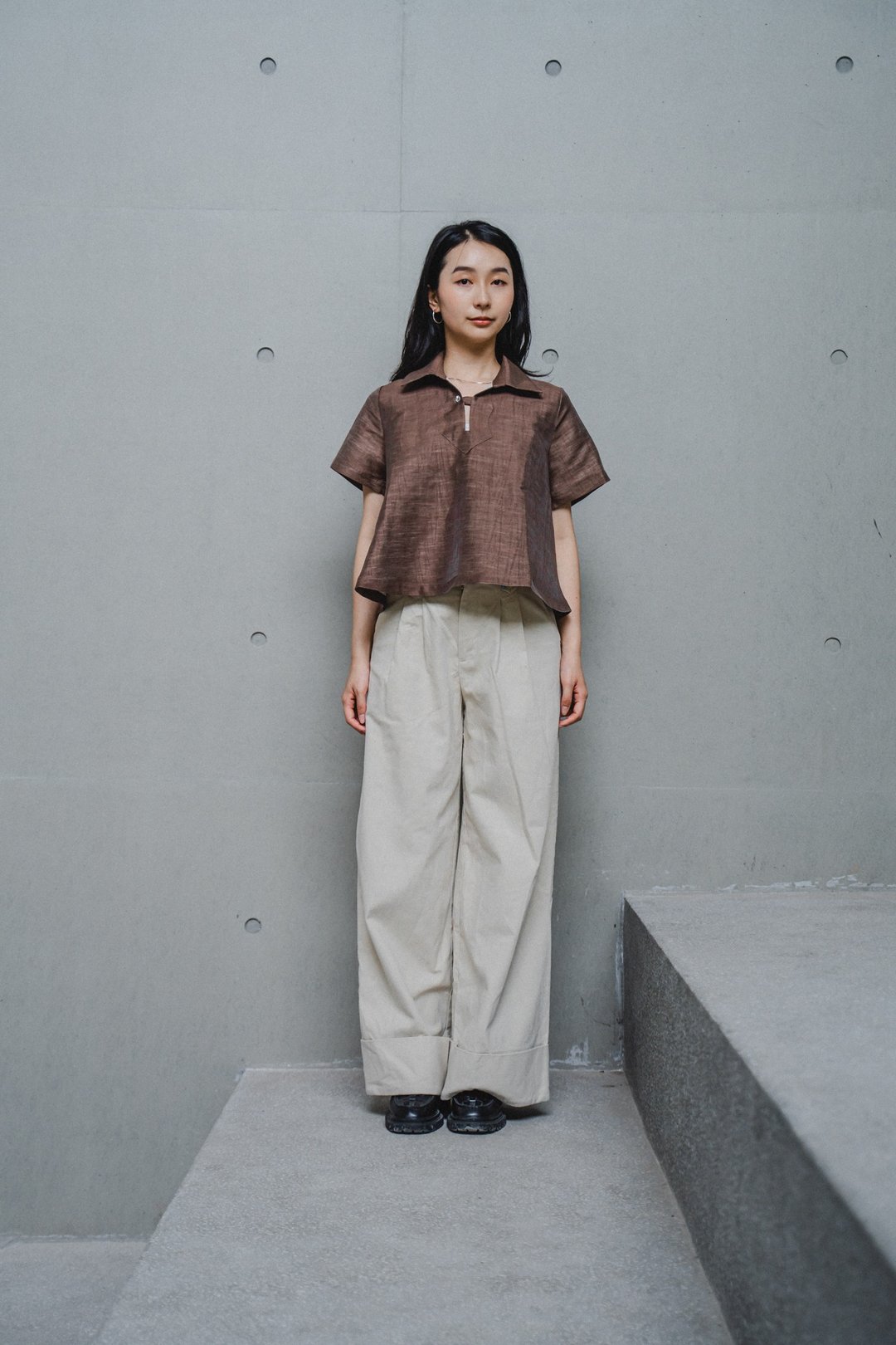 亚麻 Polo 衬衫 - 女装上衣 - 棉 咖啡色