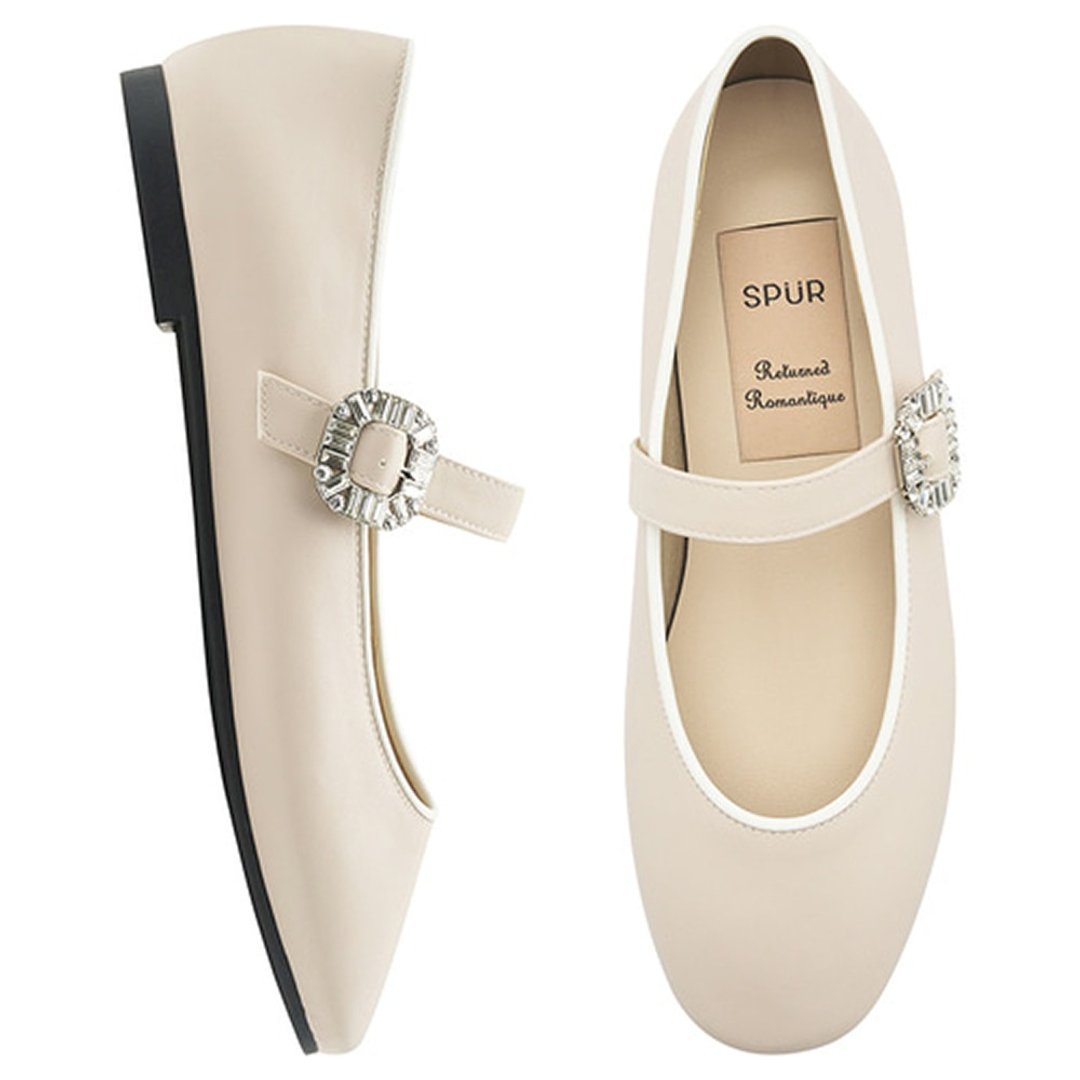 PRE-ORDER SPUR 花環扣平底鞋 RS7031 LIGHT BEIGE - 芭蕾鞋/娃娃鞋 - 其他材质 