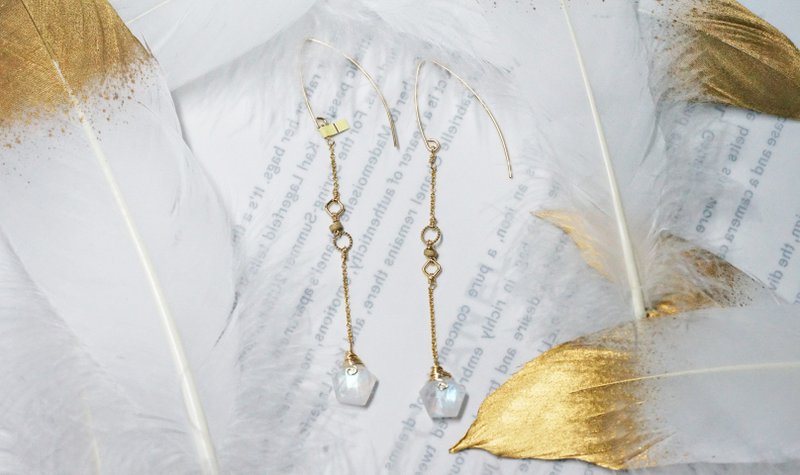 纯手工绕线14K包金五边形月亮石 - 耳环/耳夹 - 半宝石 多色