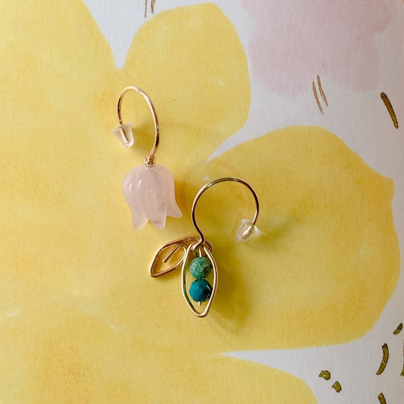 【礼物】朝阳微醺-粉晶铃兰花耳环14K包金耳环 - 耳环/耳夹 - 宝石 粉红色