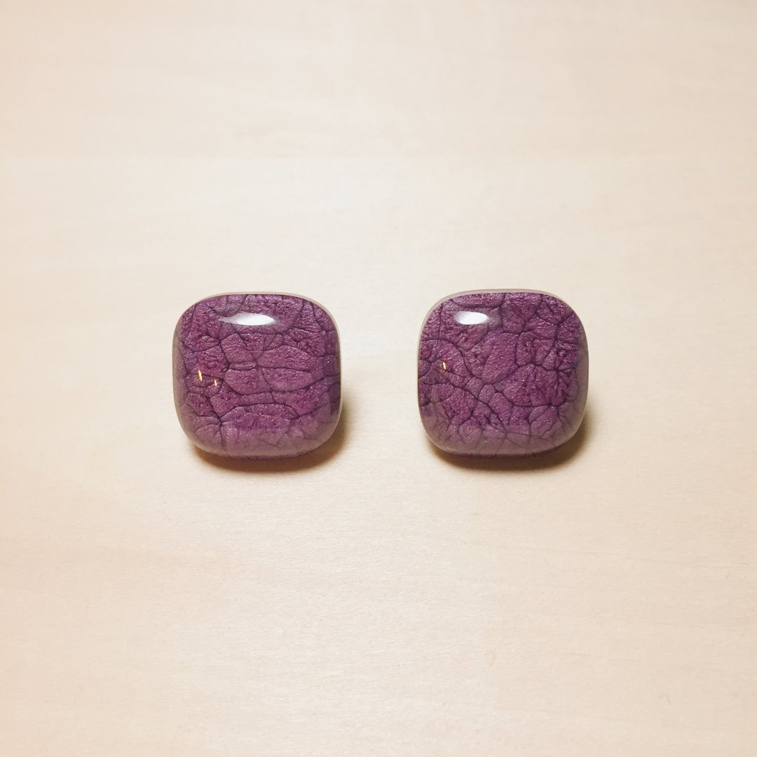 复古深紫裂纹细闪粉大方形耳环 - 耳环/耳夹 - 树脂 紫色