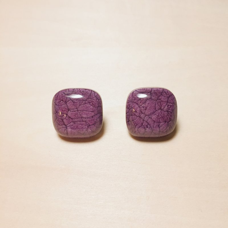 复古深紫裂纹细闪粉大方形耳环 - 耳环/耳夹 - 树脂 紫色