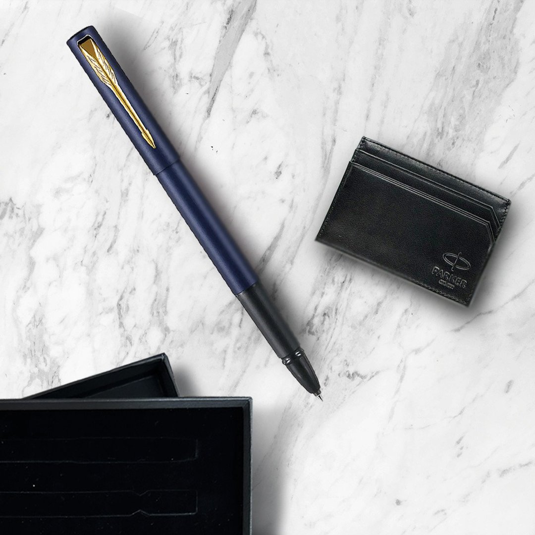 Parker 派克 威雅XL 海军蓝钢珠笔 牛皮卡夹礼盒  免费刻字 - 钢珠笔 - 其他金属 蓝色