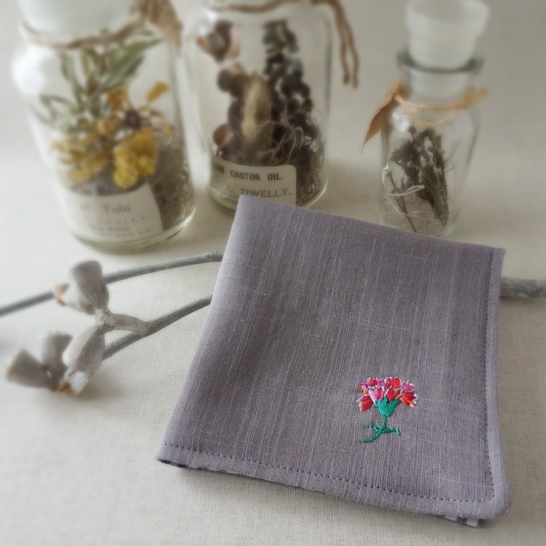 Hand embroidered gauze handkerchief carnation pink mix(order-receiving) - 手帕/方巾 - 棉 灰色