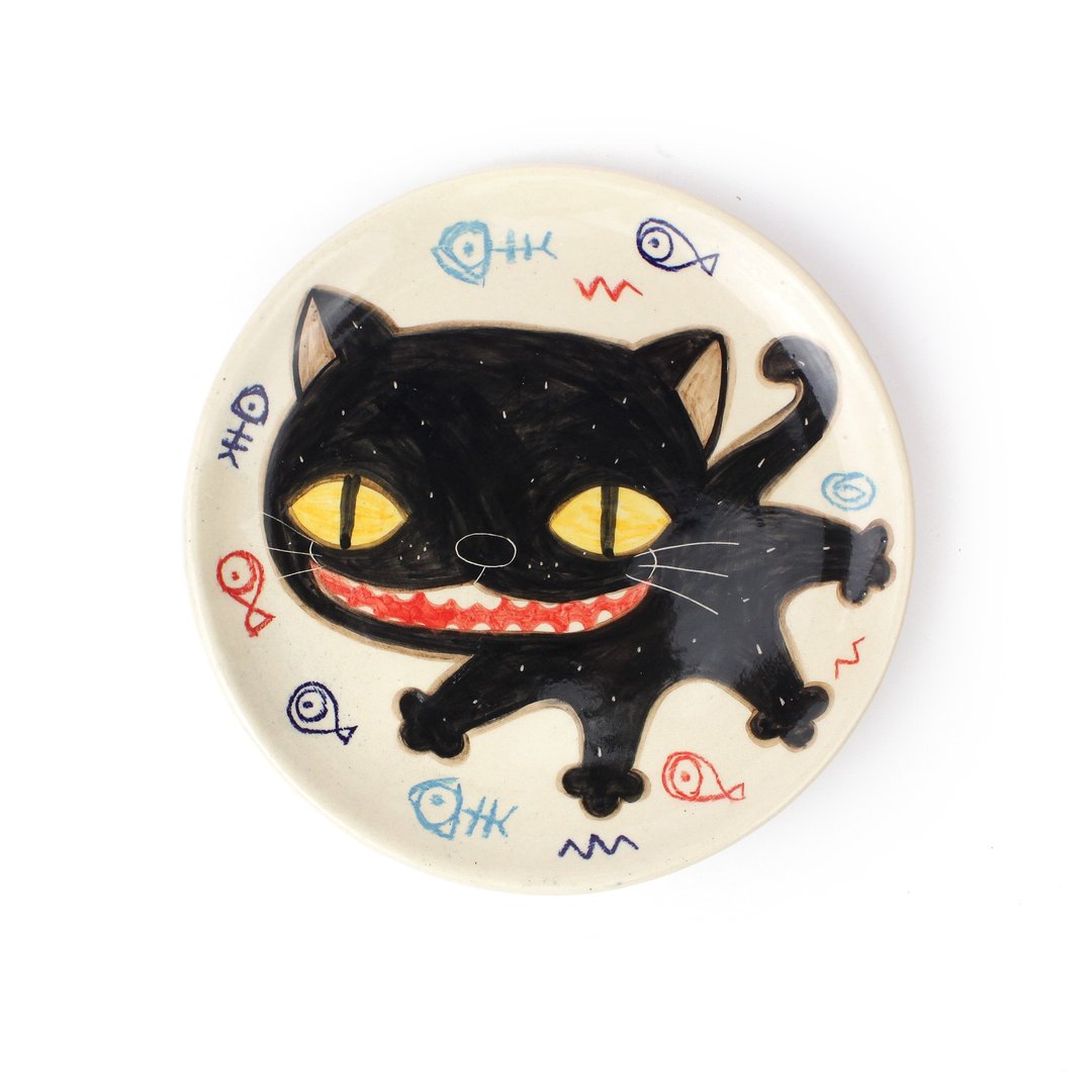 Nice Little Clay 手工特大浅盘 黑猫 0301-08 - 浅碟/小碟子 - 陶 白色