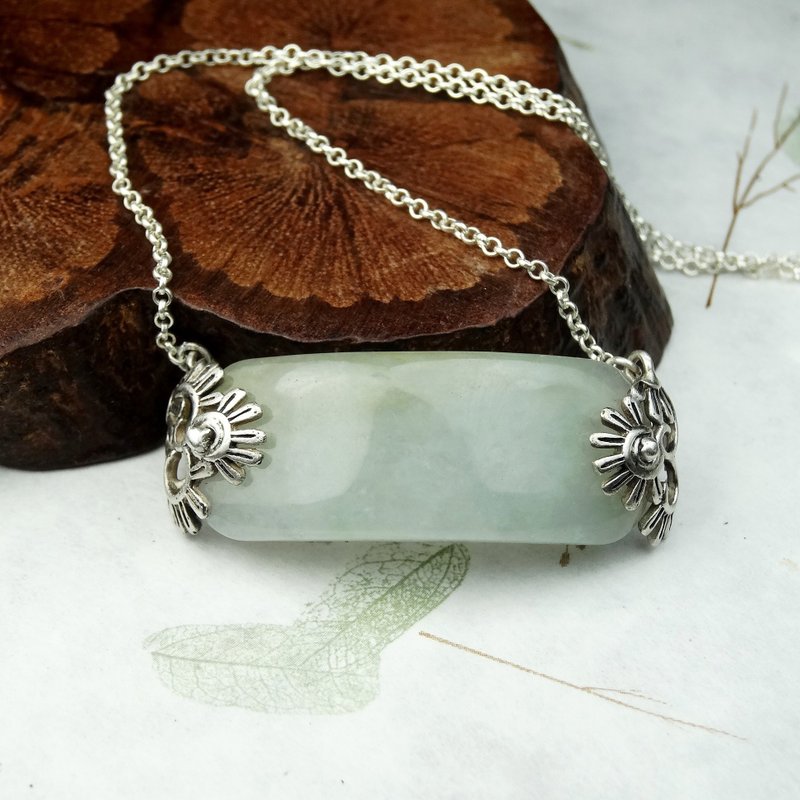 坠子 天然 翡翠 玉片 淡青白中带微黄 925银饰 项链 玉石 饰品 - 项链 - 玉石 