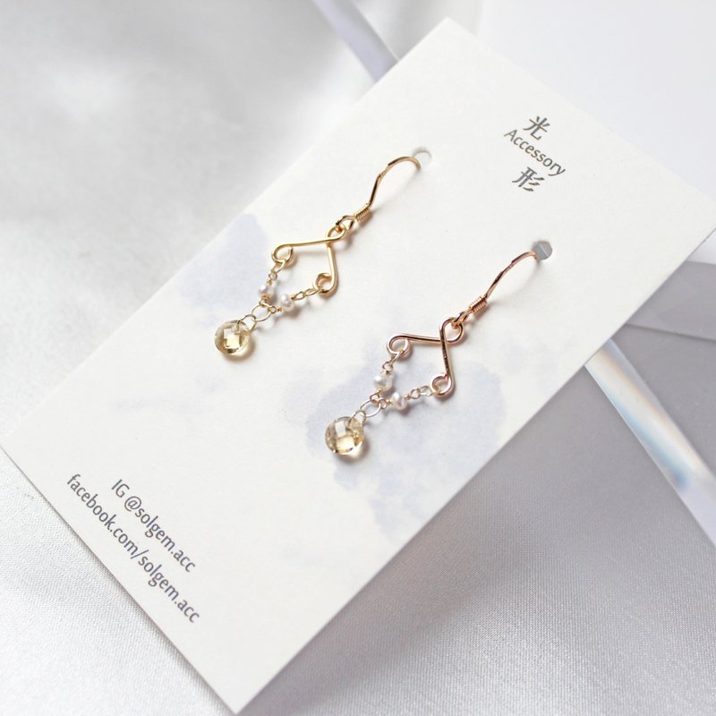 黄水晶 淡水珍珠 925银耳勾 垂吊耳环 - 耳环/耳夹 - 水晶 黄色