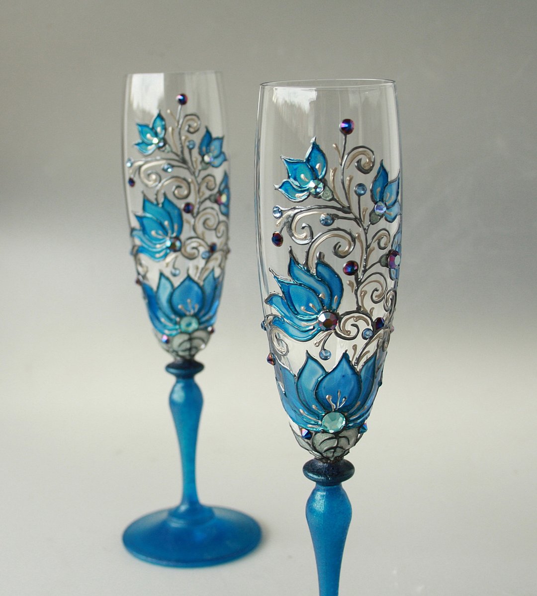 Blue Wedding Glasses Retro Swarovski Crystals Hand Painted set of 2 - 酒杯/酒器 - 玻璃 蓝色
