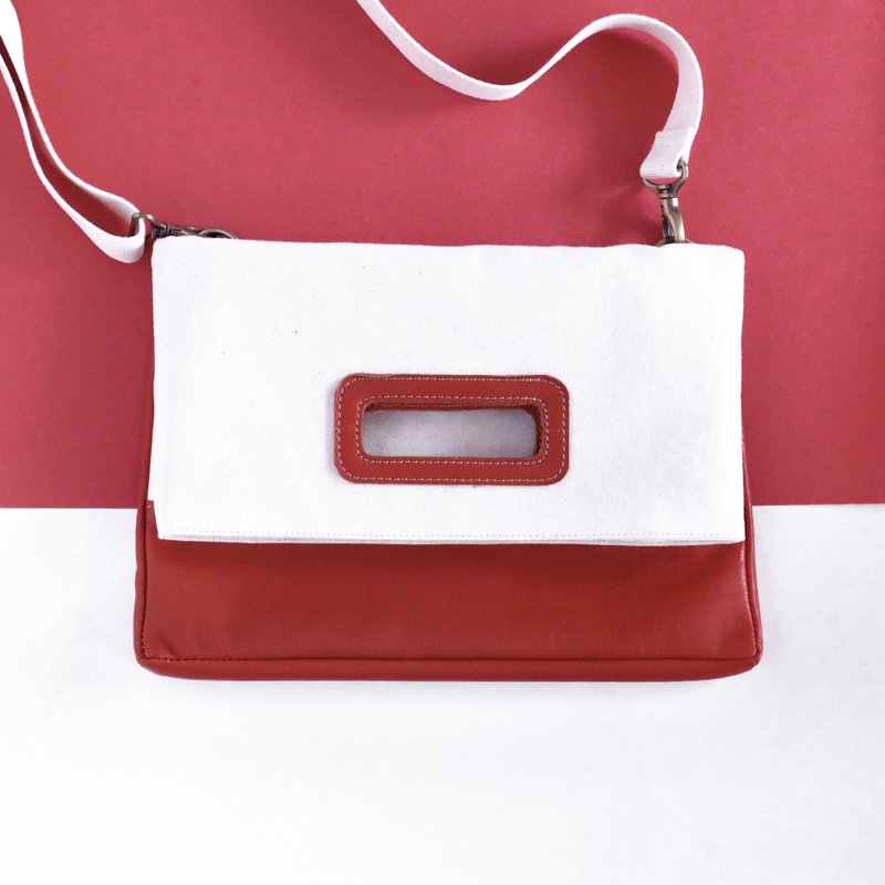 帆布拼接牛皮多用途信封包- 胚布米/牛皮咖啡红 - 侧背包/斜挎包 - 真皮 红色