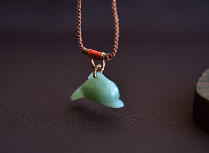 【真】天然和田玉俄料碧玉粉青手工雕刻海豚吊坠项链 - 项链 - 玉石 绿色