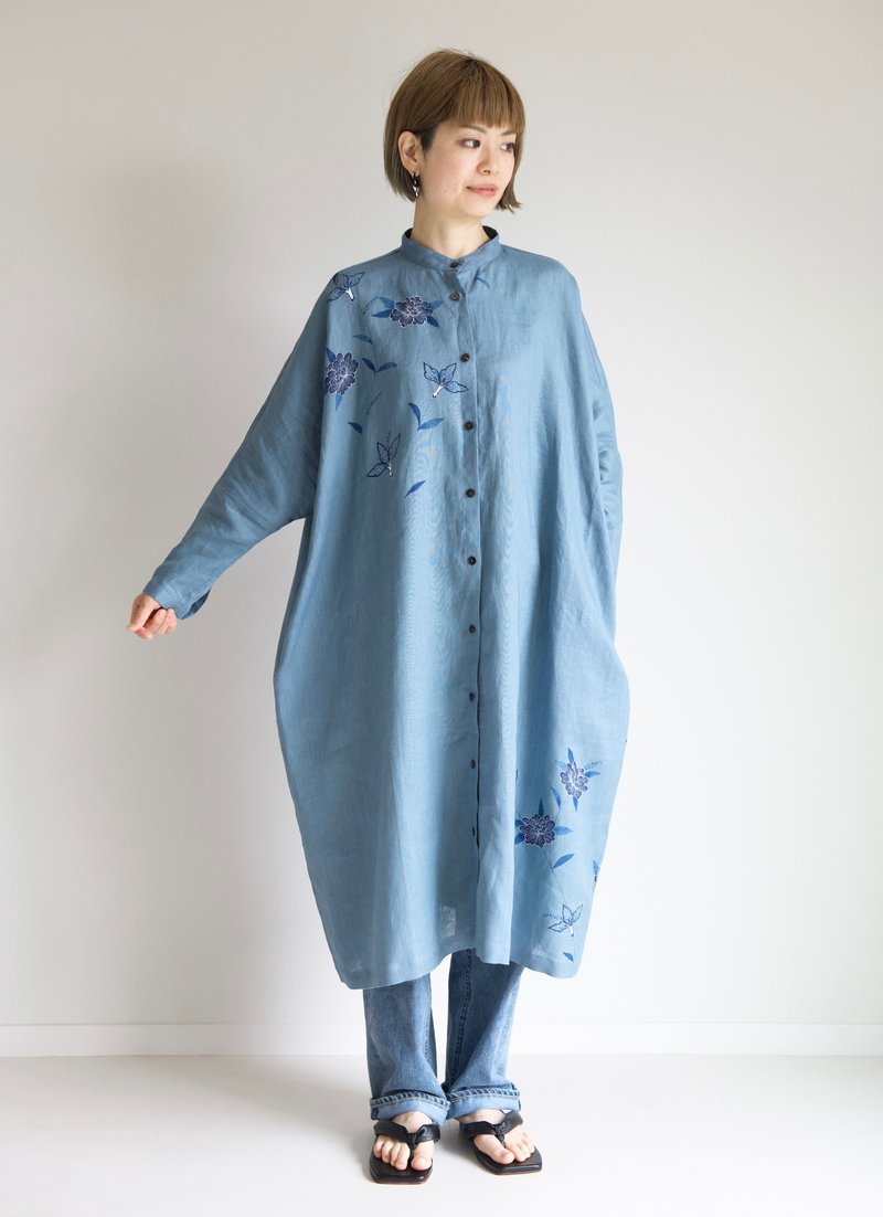Stand collar shirt dress Chintz / peony - 女装衬衫 - 棉 蓝色