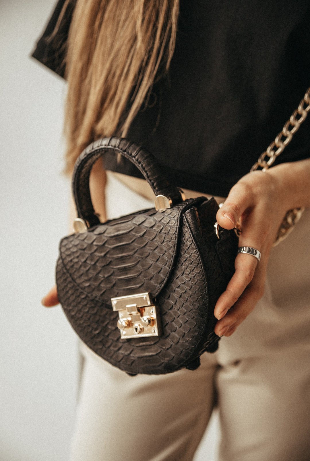 python bag leather - 手提包/手提袋 - 真皮 黑色