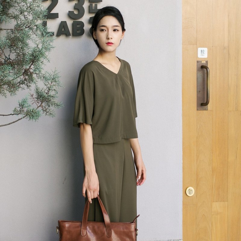 安妮陈原创设计小名媛 2016秋季新款V领显瘦文艺五分袖气质套装 - 其他 - 棉．麻 绿色