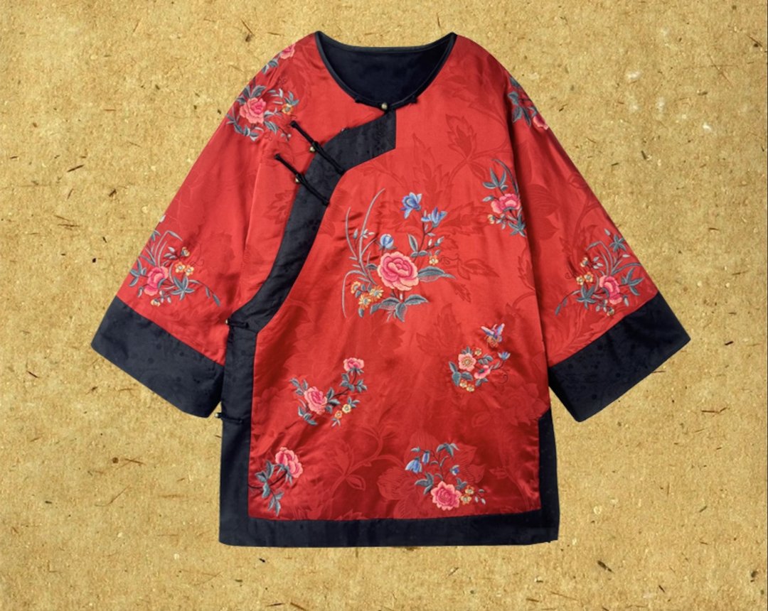 觅棠 新中式复古香云纱 中长棉服外套 - 女装上衣 - 其他材质 红色
