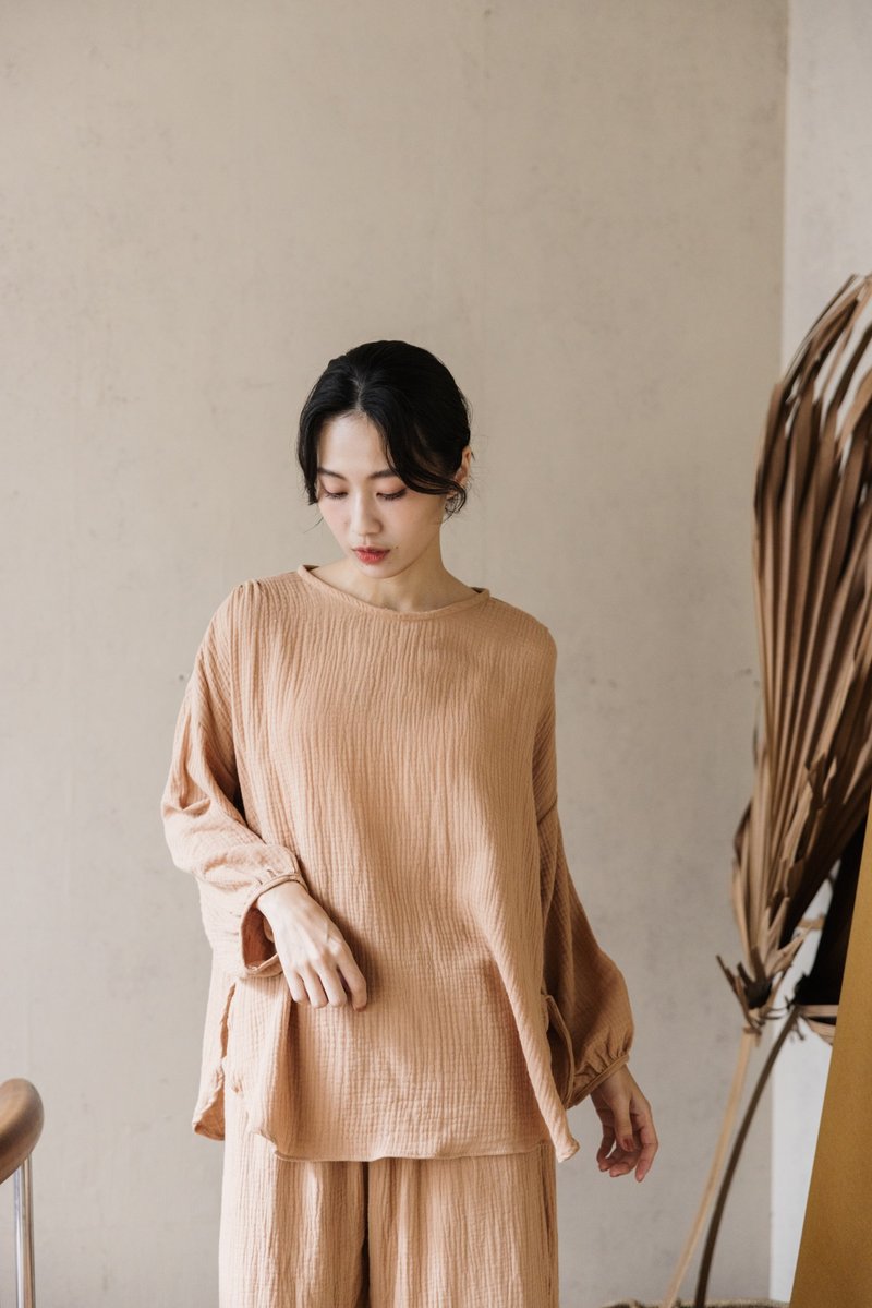长袖圆领后绑带上衣_晨光橙 - 女装上衣 - 棉 橘色