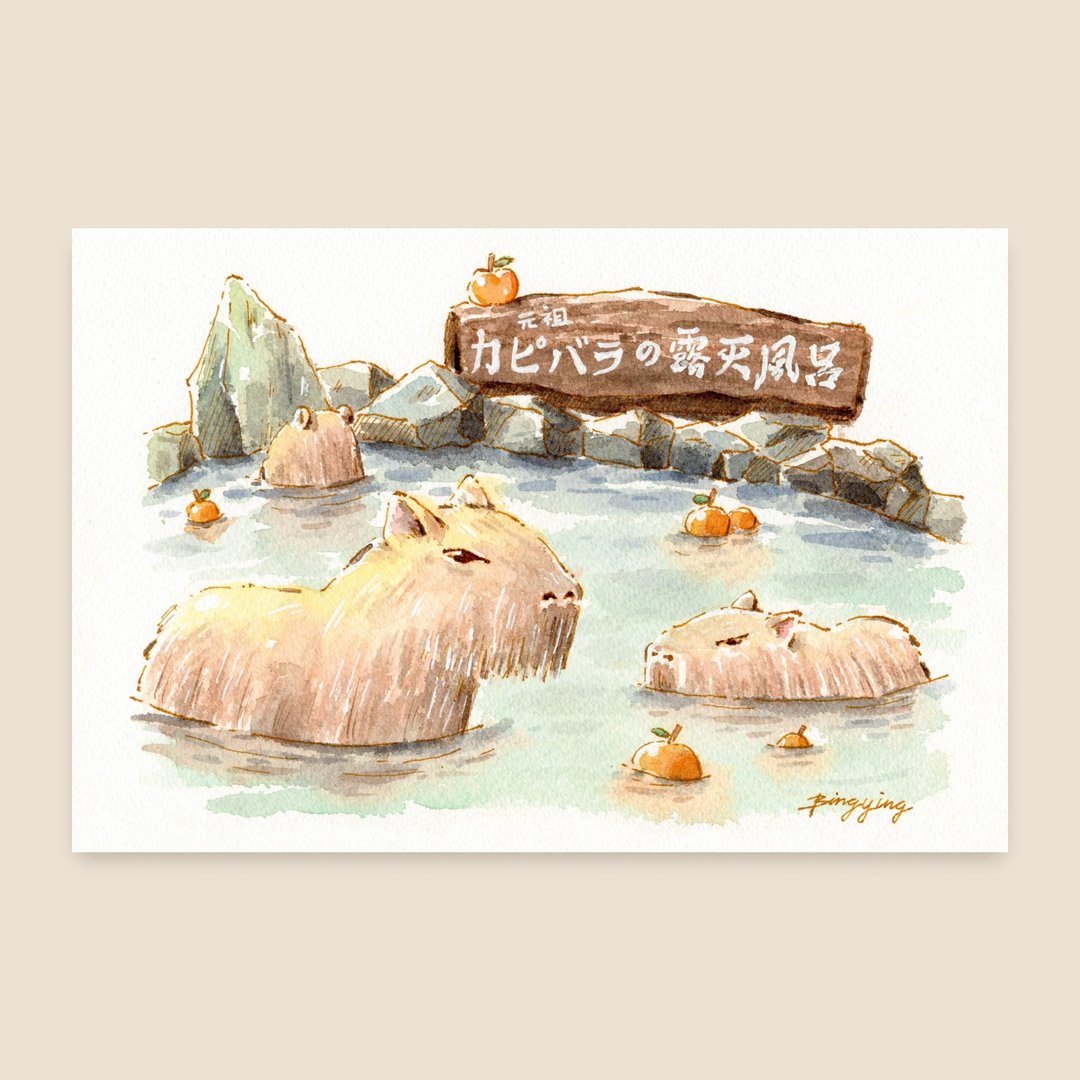 日本的温泉水豚 水彩旅行明信片单张 - 卡片/明信片 - 纸 