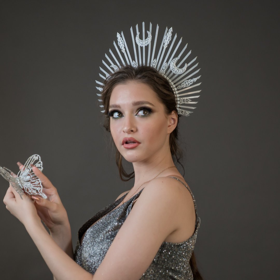 Moon halo crown Silver goddess headpiece Celestial wedding bridal tiara Gothic - 发饰 - 其他材质 银色