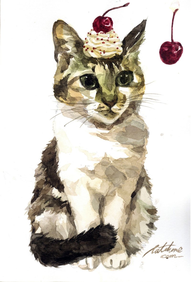 樱桃猫1_手绘原作(仅此一件) - 海报/装饰画/版画 - 纸 