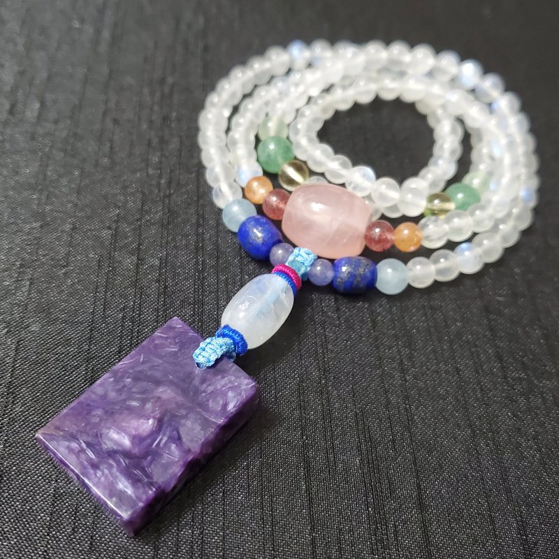 顶级紫龙晶无事牌 蓝月光石 许愿 彩虹 108手串 念珠 6mm 礼物 - 手链/手环 - 宝石 多色