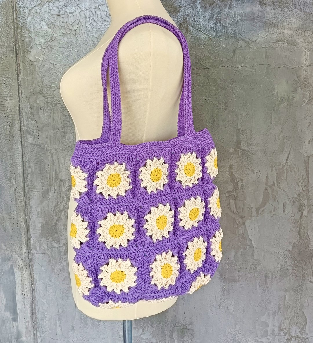 雏菊 Granny Square 花朵编织水洗棉绳包 - 手提包/手提袋 - 棉．麻 
