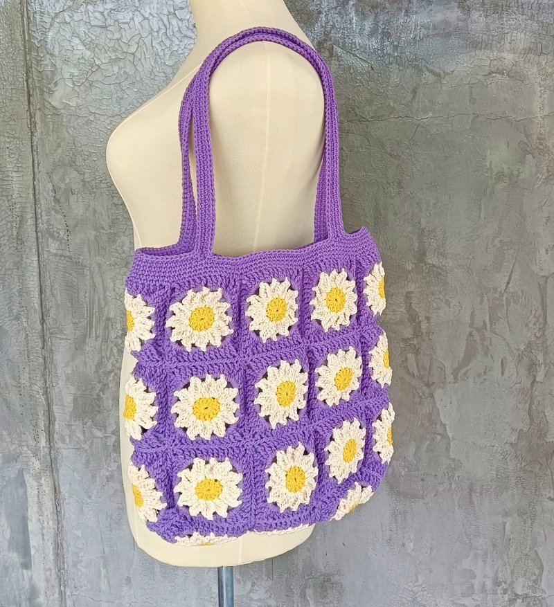 雏菊 Granny Square 花朵编织水洗棉绳包 - 手提包/手提袋 - 棉．麻 