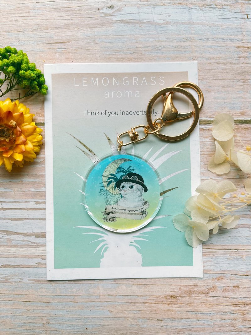 弦月喵喵-钥匙圈/手绘插画/压克力钥匙圈 - 钥匙链/钥匙包 - 压克力 蓝色