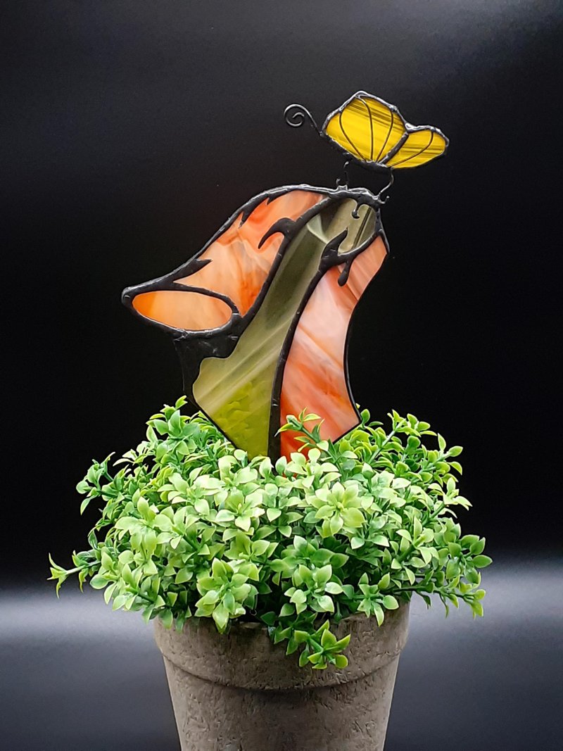 猫花饰蝴蝶彩绘玻璃太阳镜花盆花园桩 - 植栽/盆栽 - 玻璃 多色