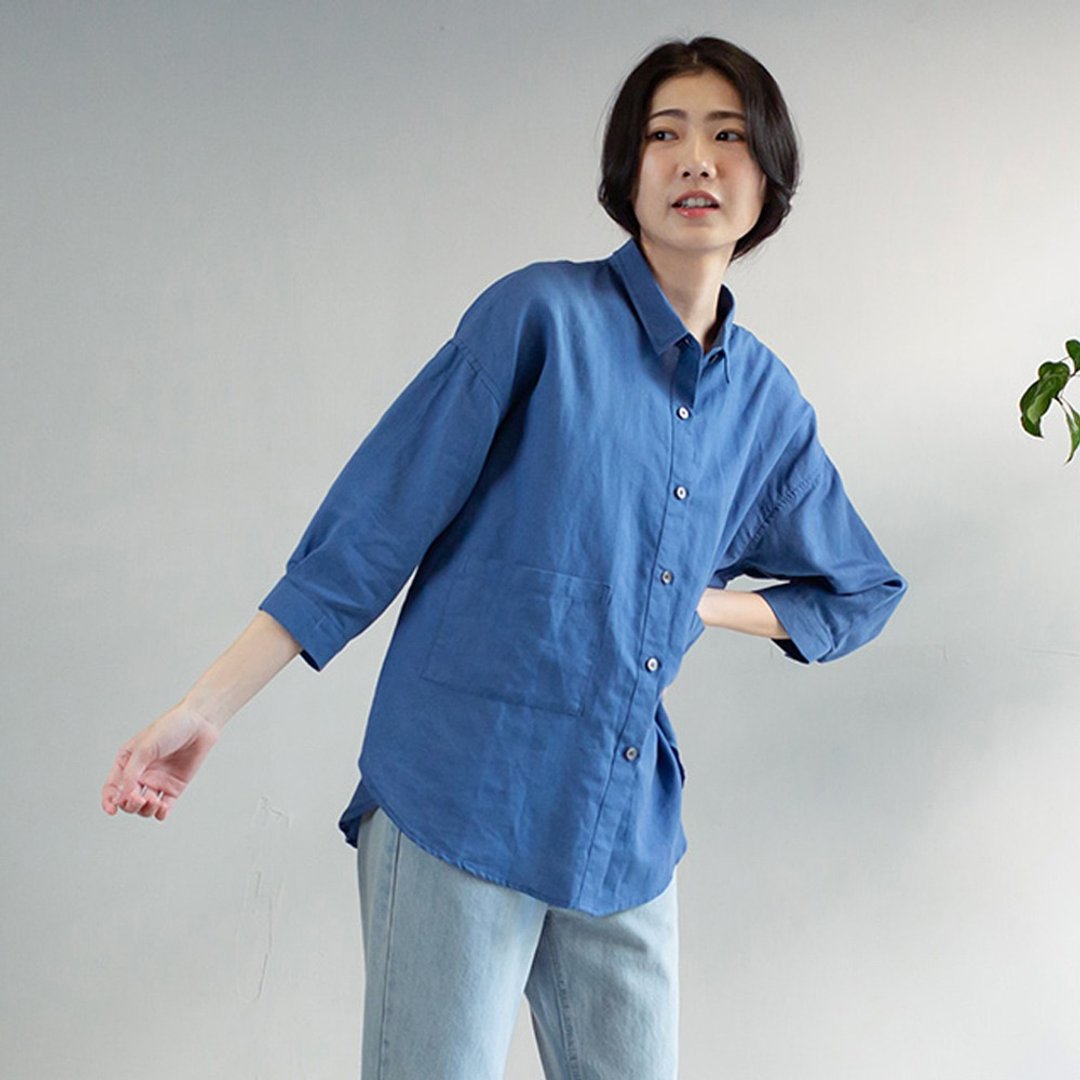 文青感双口袋衬衫 蓝 F - 女装休闲/机能外套 - 棉．麻 蓝色