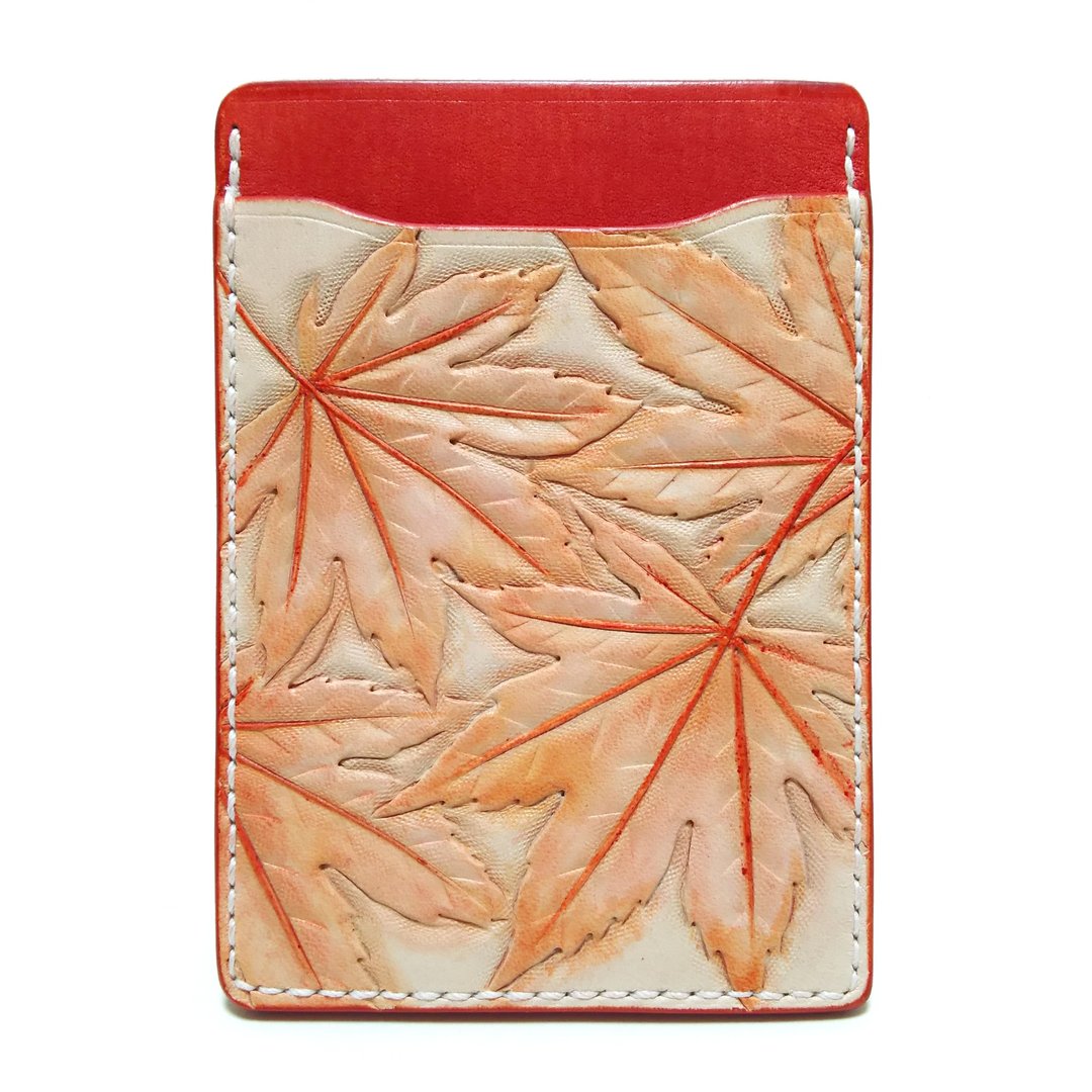 marie / Marie genuine leather leather pass case / autumn leaves / regular case / hand dyeing / carving - 证件套/卡套 - 真皮 红色