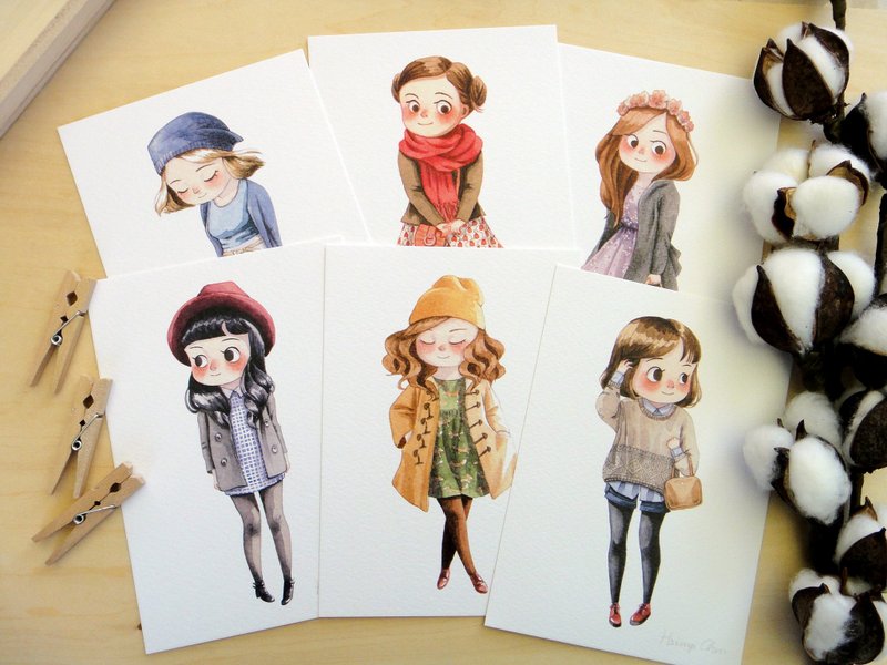 冬季女孩 水彩插画明信片 套组 / 单张 万用卡 艺术画卡 共6款 - 卡片/明信片 - 纸 多色