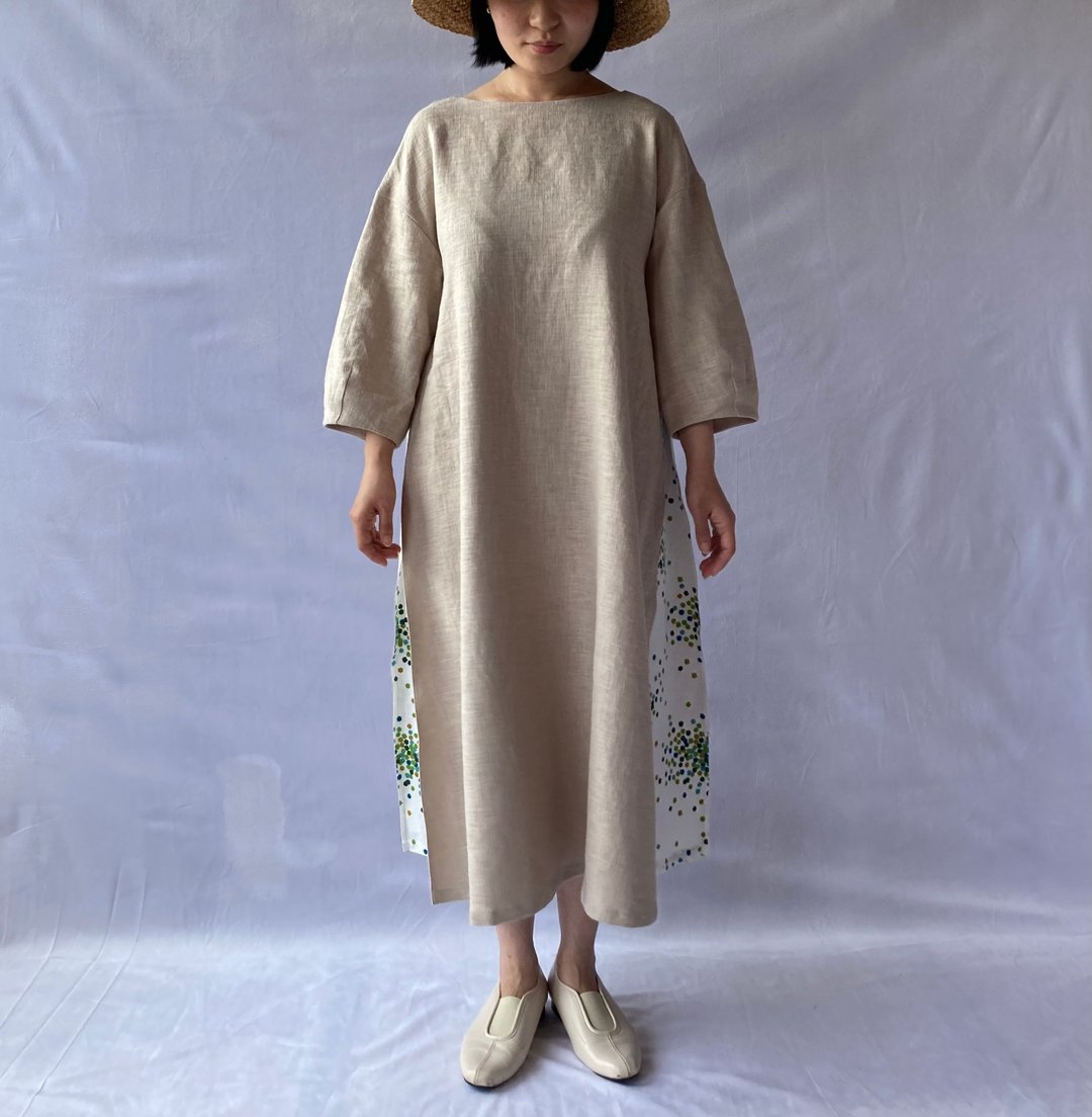 linen combination dress　lightbeige/sugerplum(white) - 洋装/连衣裙 - 棉 