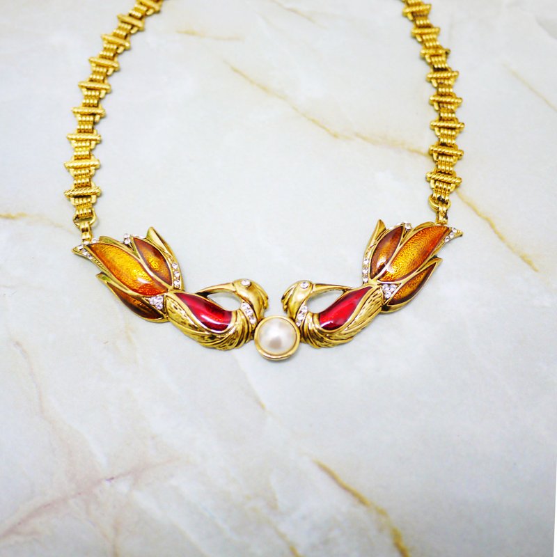 古董艺术法琅成双鸟 项链 - 项链 - 宝石 橘色