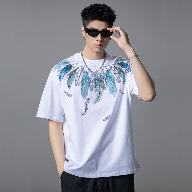 夏季设计感羽毛印花短袖T恤  男士烫钻上衣 - 男装上衣/T 恤 - 棉．麻 