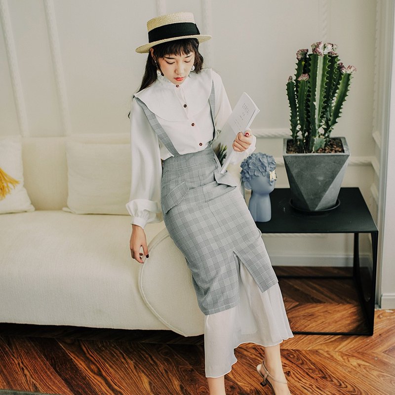 秋装新品文艺优雅装饰口袋格子背带裙连身裙洋装 - 洋装/连衣裙 - 聚酯纤维 灰色