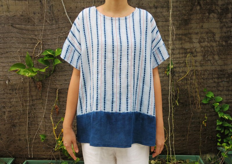 Natural Indigo with Rdd Sashiko Linen Flare Top - 女装上衣 - 棉．麻 