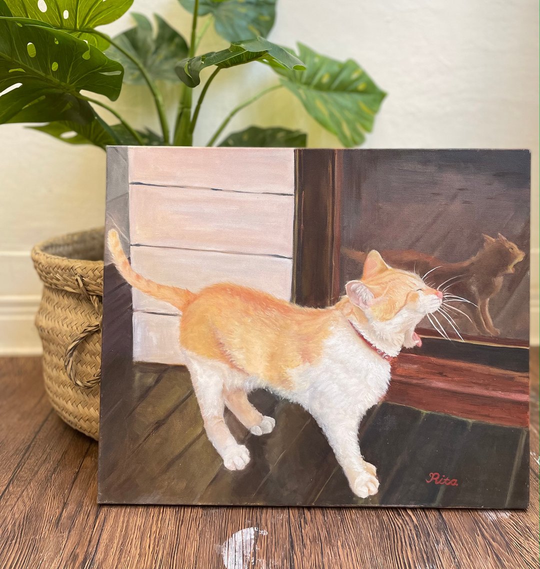 原创手绘油画-哈欠猫猫 - 海报/装饰画/版画 - 棉．麻 