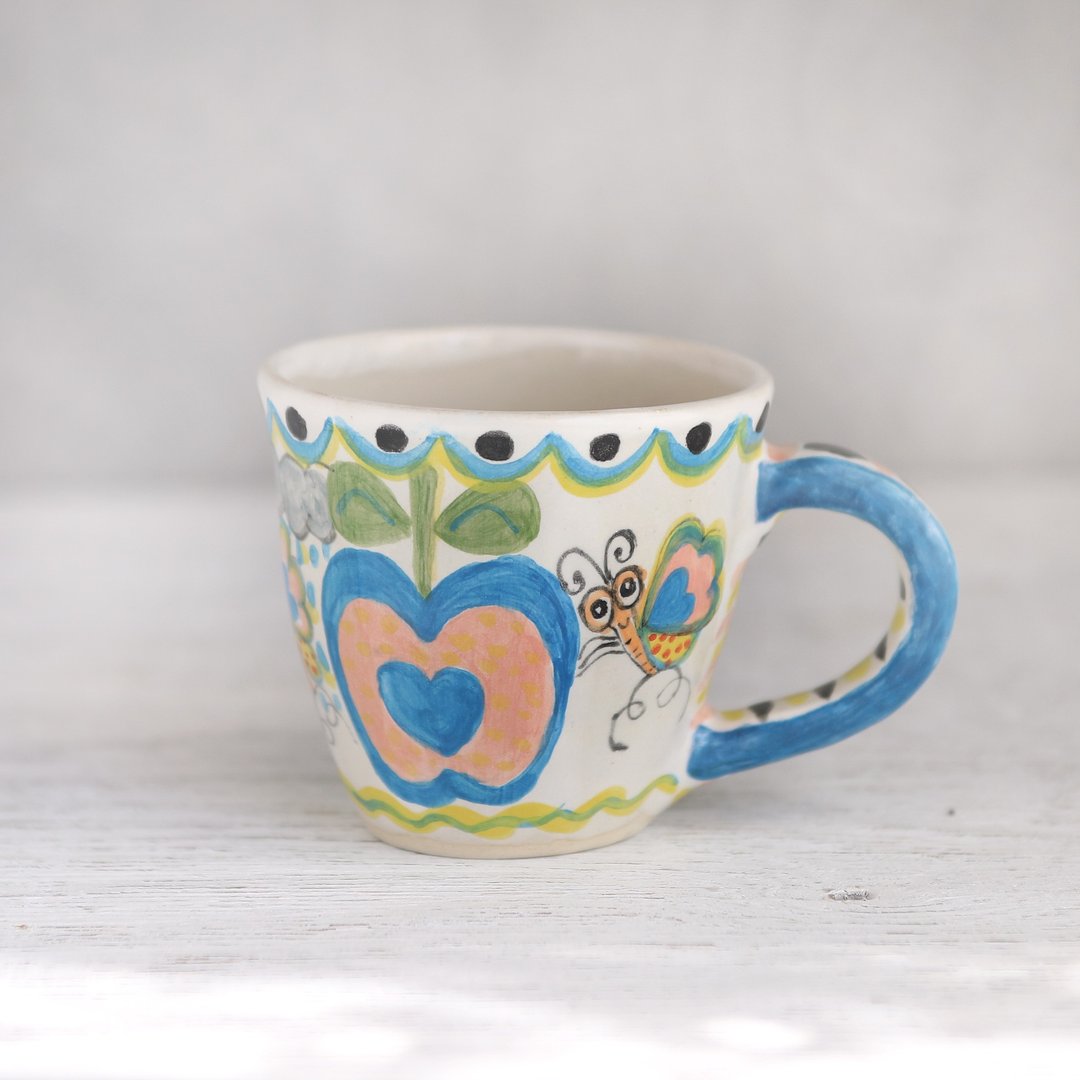 Blue Apple and Butterfly Mug with Blue Handle - 咖啡杯/马克杯 - 陶 蓝色
